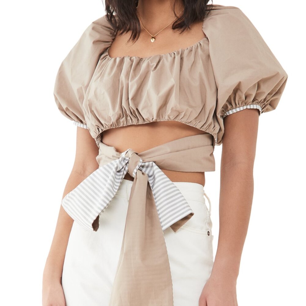 NWT SILVIA TCHERASSI Coconut Top in Khaki Stripe Puff Sleeve Crop top Tie $450
